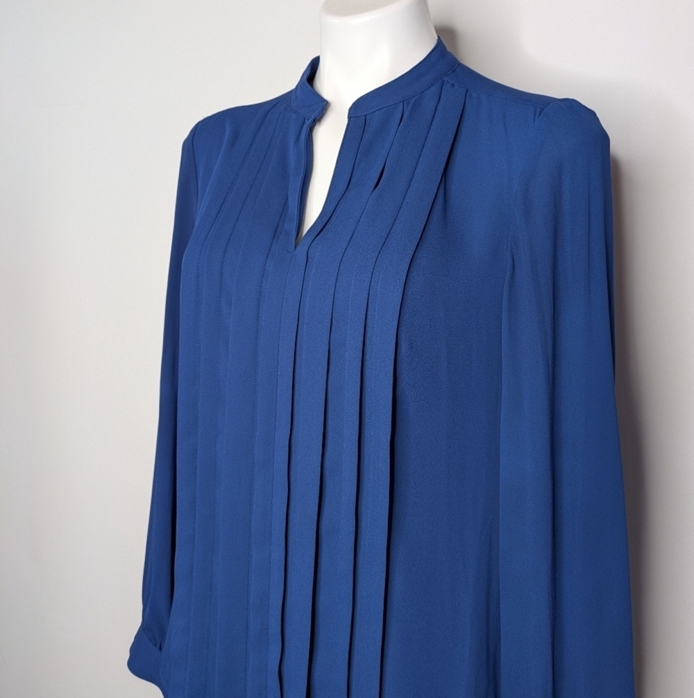WHBM Blue Slit Neck Long Sleeve Professional Blouse 6 - Picture 2 of 8